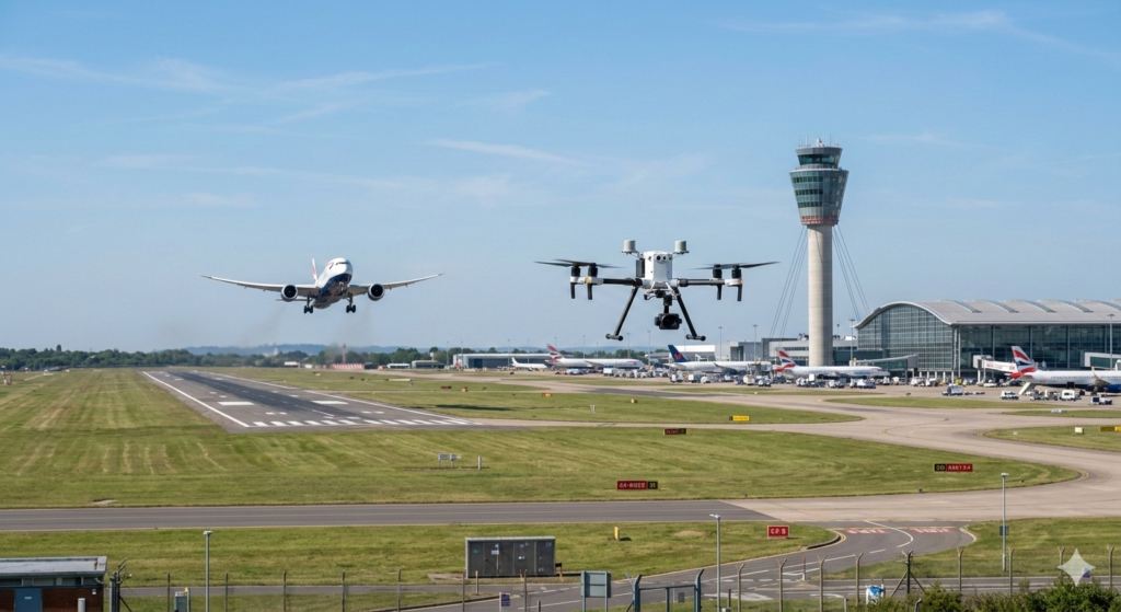 Foto van vliegtuig en drone bij luchthaven